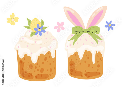 Set Easter cake. Holiday pastry with cream decorated bow, bunny ears, with eggs, spring flowers. Christian spring holiday.