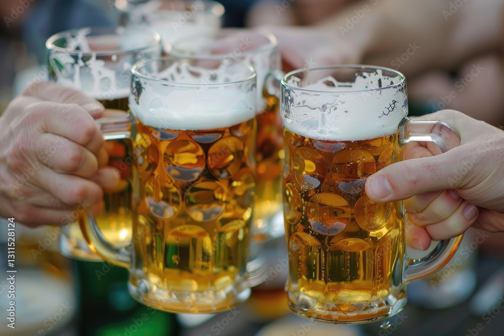 Lively bar scene with a group of friends raising glasses of beer to toast St. Patrick’s Day in a festive atmosphere Lively bar scene with a group of friends raising glasses of beer to toast St. Patrick’s Day in a festive atmosphere