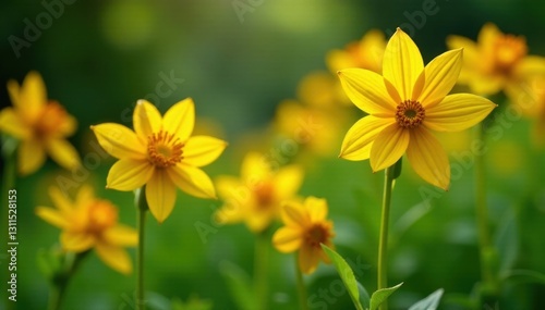 Sunny yellow Jerusalem artichoke flowers, lush summer foliage , green, garden