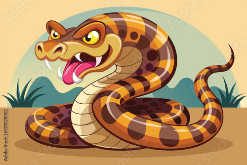 A playful rattlesnake cartoon displays bold colors and a mischievous grin in a bright environment, Rattlesnake cartoon