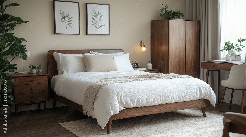 Fototapeta premium Elegant guest bedroom setup featuring a queen-sized bed with crisp white linens decorative throw room includes bedside table with reading lamp, wardrobe for storage, small writing desk with chair