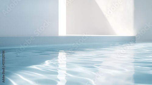 Here's a description of the image: Calm water minimalist pool serene blue AI generated