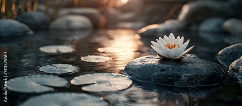 Tranquil lake scene featuring a white water lily on smooth stones with gentle water reflections and warm sunset hues in the background.