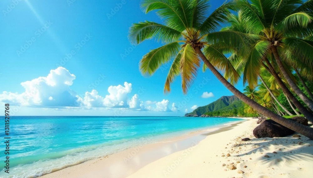 Lush palm trees leaning over white sand beach, Hawaii, ocean view, sun Lush palm trees leaning over white sand beach, Hawaii, ocean view, sun