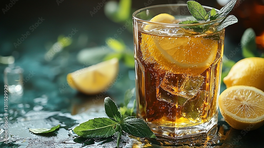Refreshing iced tea with lemon and mint served in a glass, surrounded by fresh ingredients