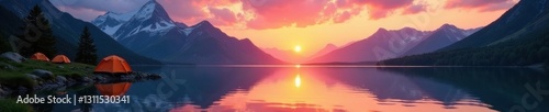 Sunrise over still lake, tents, majestic peaks , beautiful, travel