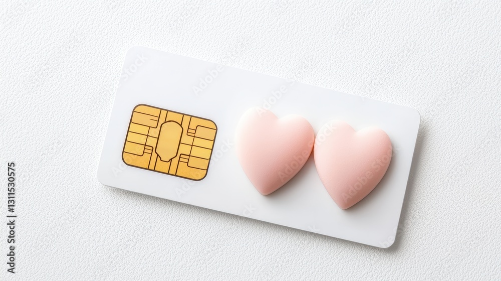 A SIM card rests on a surface beside two pink heart-shaped candies, presenting a blend of technology and sweetness. A SIM card rests on a surface beside two pink heart-shaped candies, presenting a blend of technology and sweetness.