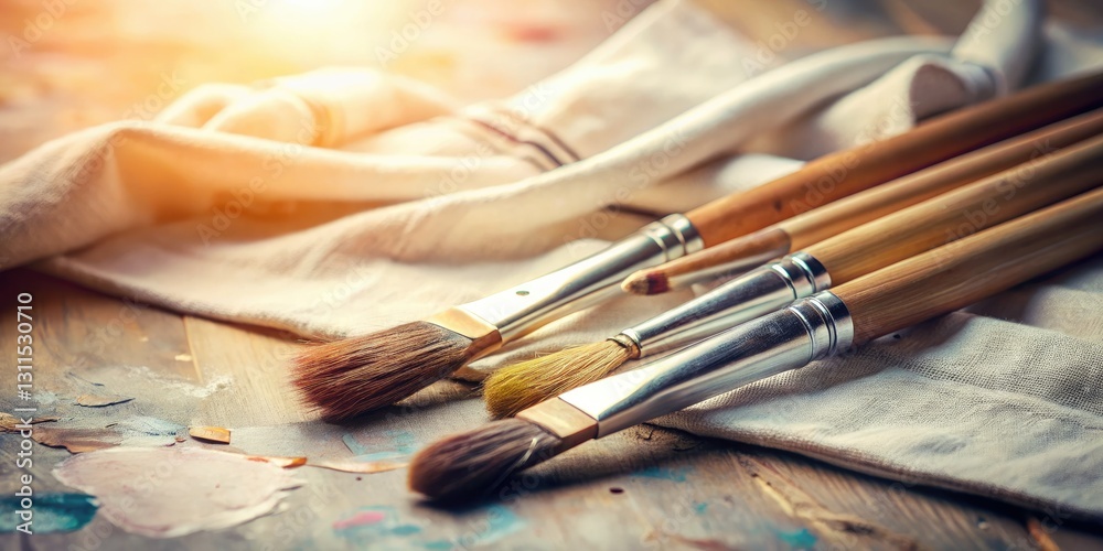 Fototapeta premium Vintage art supplies â€“ paintbrushes, canvas, clothespins â€“ artfully captured.