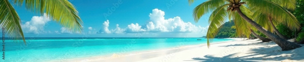 Fototapeta premium White sand beach, turquoise water, palm trees, paradise, coral, peaceful