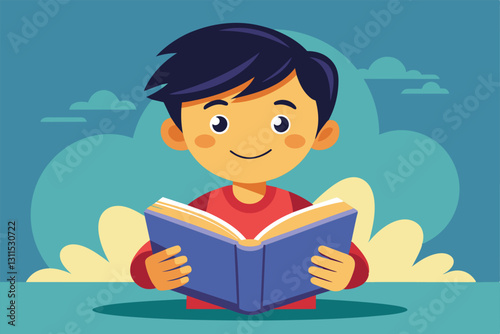 A young boy enjoys reading his book, smiling peacefully in a bright, cheerful environment, Reading book Customizable Cartoon Illustration