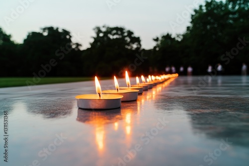 Softly glowing candles illuminate reflective surface, creating s photo