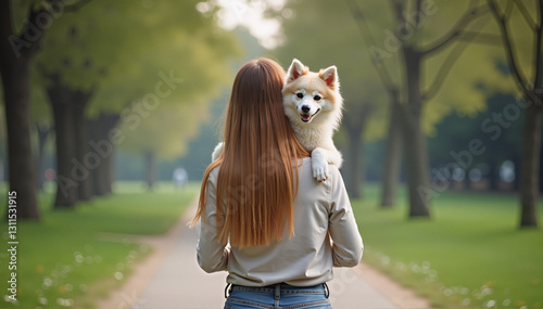 Young woman with joyful mood holding a fluffy dog on her shoulder in a park