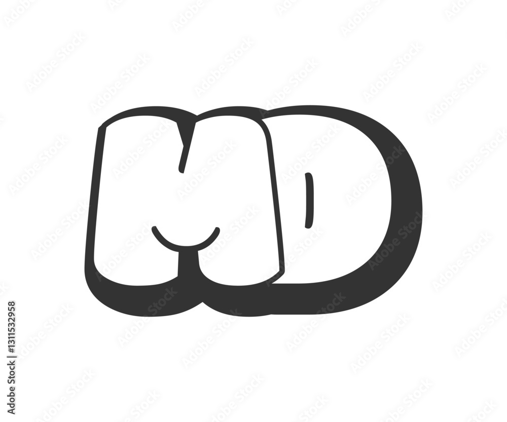 MD logo, bubble comic lettering, rounded in graffiti style black and white silhouette. Trendy preschool M and D letter text for festival party, personal initials, children funky print and web. MD logo, bubble comic lettering, rounded in graffiti style black and white silhouette. Trendy preschool M and D letter text for festival party, personal initials, children funky print and web.