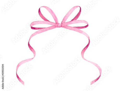 Pink ribbon bow isolated on white background. Watercolor vector illustration for greeting card, invitation, poster, banner