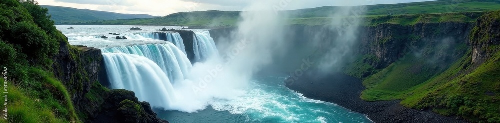 Powerful waterfall plunges into Azores' basin, nature, rocks, vibrant Powerful waterfall plunges into Azores' basin, nature, rocks, vibrant