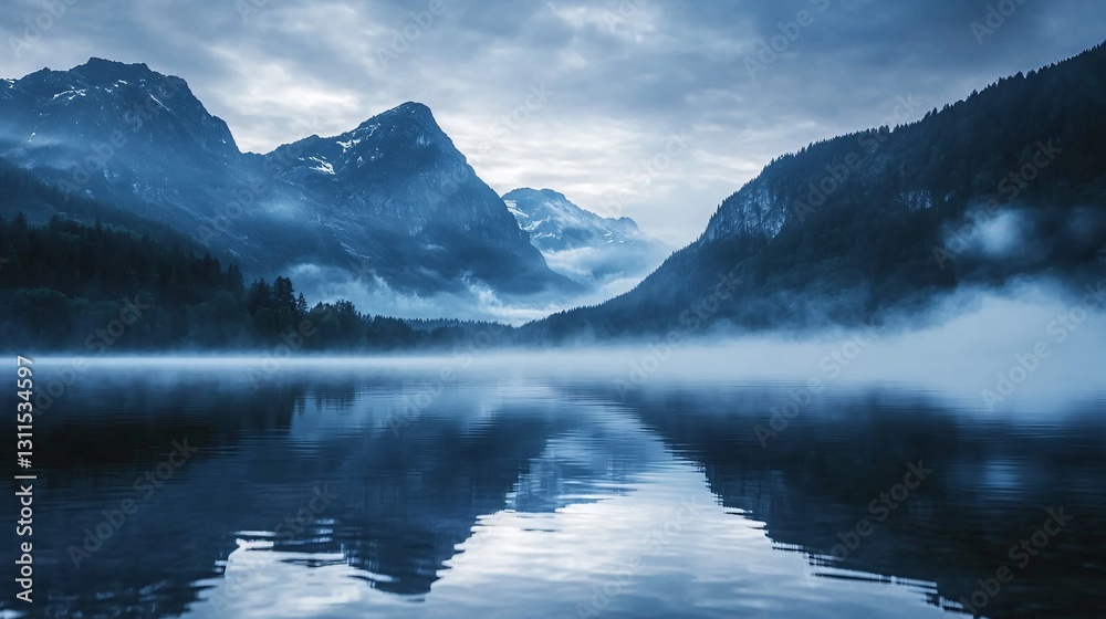 Naklejka premium Serene Misty Mountains Reflecting in Lake Waters - Nature Stock Photo