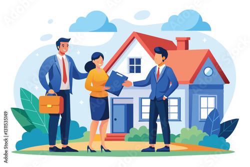 A man signs a real estate agreement while an agent assists, and a woman observes the transaction outdoors, Real estate agreement concept with man buying a house from broker