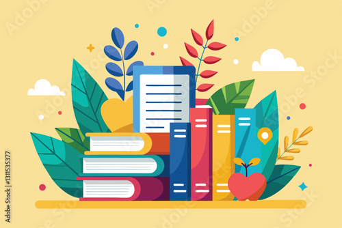 A colorful illustration features books and a tablet amid decorative plants, creating a vibrant reading vibe, Reading list Customizable Semi Flat Illustration