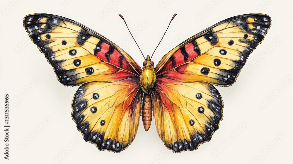 Fototapeta premium A vibrant watercolor depiction of a yellow and black butterfly, adorned with striking red-black wing patterns. Its wings unfurled gracefully, the delicate body tilts to the left, capturing motion in s
