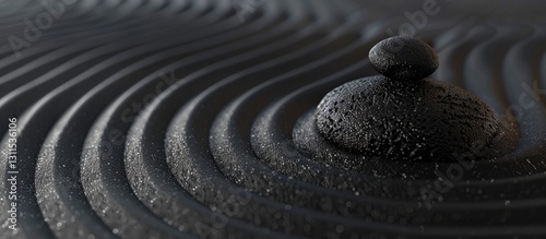 Black sand Zen garden featuring textured, rippled lines converging towards a smooth stone centerpiece against a minimalist background.