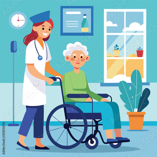 a nurse is taking care of a wheel chair patient vector