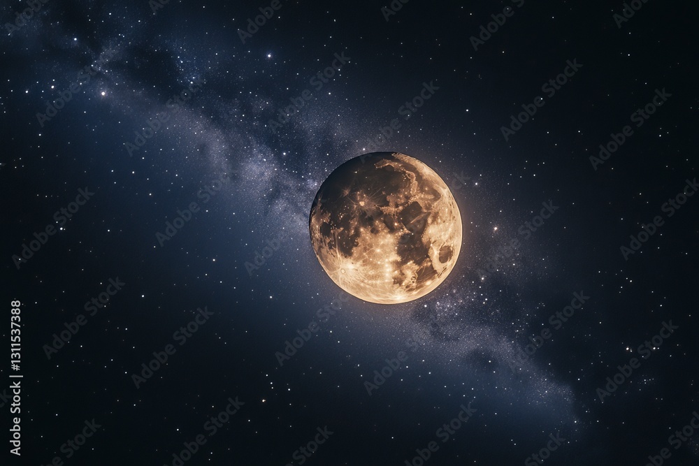 Obraz premium Majestic Full Moon Night Sky Celestial Space Galaxy Stars Astronomical Cosmic Universe Nighttime Orange Yellow Brown Dark Background Lunar Photography
