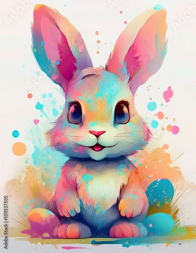 A simple cartoon Easter bunny with a white background and eggs