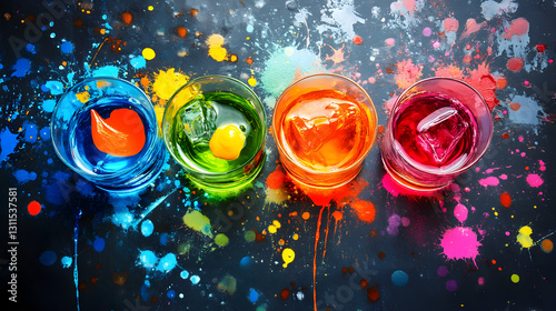 abstract drink composition with colorful liquids in glasses surrounded by spontaneous paint splatters 