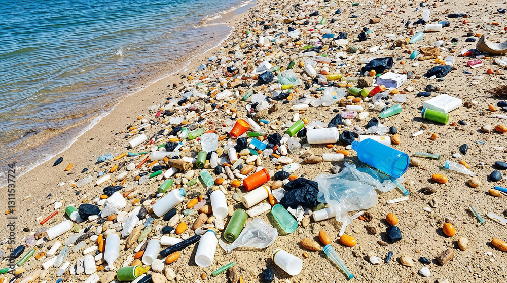 Beaches full of plastic waste, contrasting with the blue sea Beaches full of plastic waste, contrasting with the blue sea