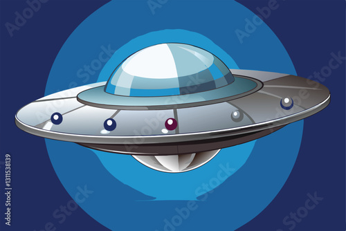 The silver UFO glides silently through a dark sky, highlighting its sleek design and vibrant lights, Realistic silver UFO