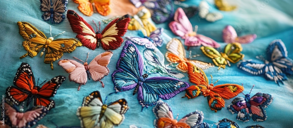 Fototapeta premium Colorful embroidered butterflies on blue fabric with intricate designs and vivid hues, showcasing an artistic and whimsical textile pattern.