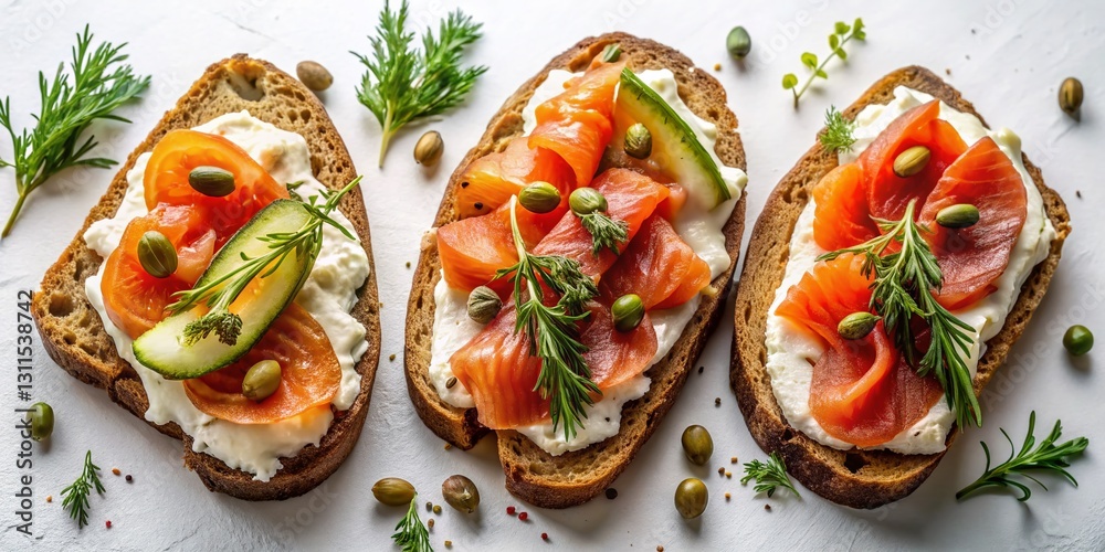 Smoked Trout & Cream Cheese Bruschetta Appetizer Flat Lay - Wheat & Rye Bread Smoked Trout & Cream Cheese Bruschetta Appetizer Flat Lay - Wheat & Rye Bread