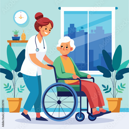 a nurse is taking care of a wheel chair patient vector