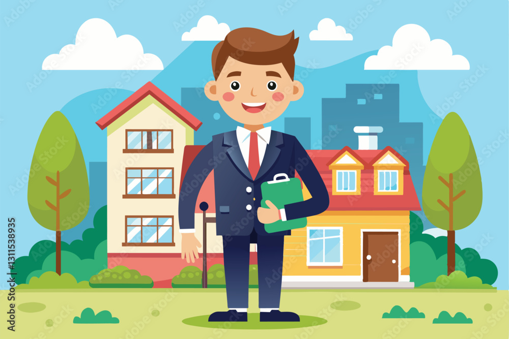 A cheerful realtor stands confidently in front of two charming houses, ready to help clients find their dream home, Realtor Customizable Cartoon Illustration A cheerful realtor stands confidently in front of two charming houses, ready to help clients find their dream home, Realtor Customizable Cartoon Illustration