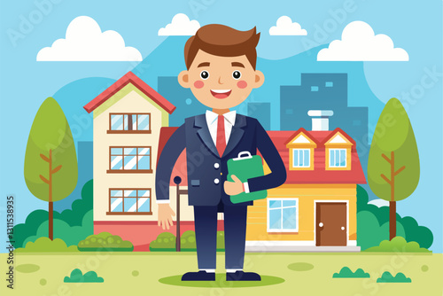 A cheerful realtor stands confidently in front of two charming houses, ready to help clients find their dream home, Realtor Customizable Cartoon Illustration