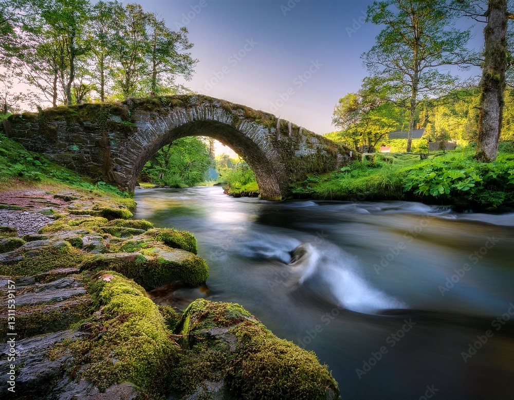 Un tranquilo canal está conectado por un antiguo puente de piedra cubierto de musgo, hiperealista, 4k