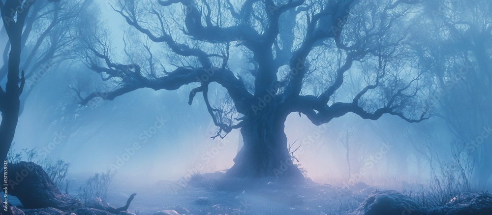 Naklejka premium Enigmatic ancient tree in a misty forest.