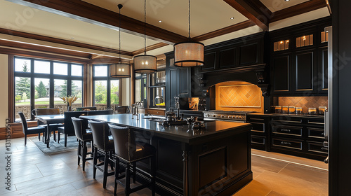 Sophisticated kitchen design with black and dark wood tones, complemented by natural daylight flowing in-2