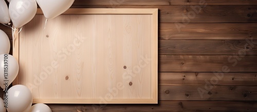 Blank wooden picture frame on a rustic background with white balloons on the left, creating a serene atmosphere for a baby shower celebration.