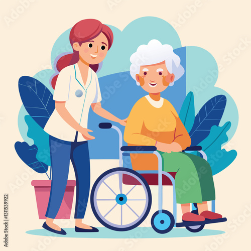 a nurse is taking care of a wheel chair patient vector
