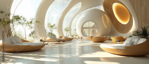 Spacious lounge area with spherical designs, sleek furniture, and natural light for relaxation-2