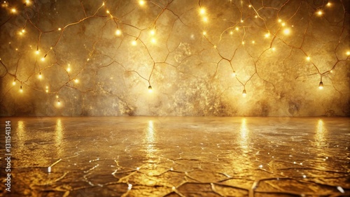 Golden ambiance with illuminated branch-like fixtures and reflective floor