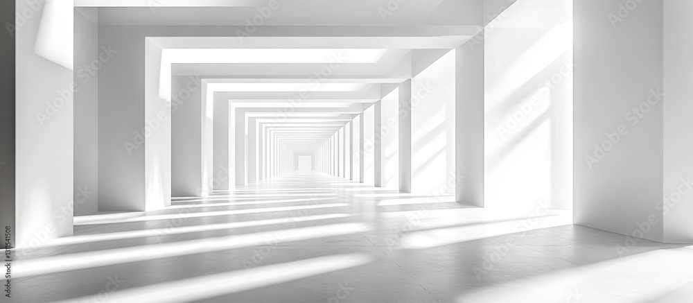 Fototapeta premium Bright white gallery interior featuring long perspective lines, sunlight casting soft shadows across the floor, creating an airy and spacious ambiance.