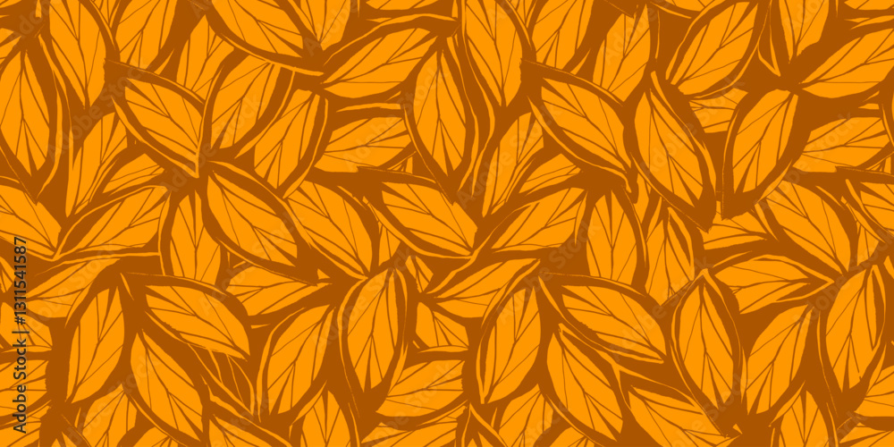 Fototapeta premium Floral Seamless Pattern with Hand Drawn Ink Yellow Leaves. Nature contemporary floral art design in retro style with subtle grunge effect perfect for modern print projects, fashion, wrapping paper