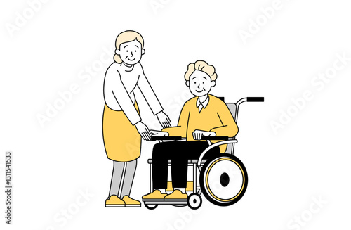 車椅子に乗っている高齢男性と寄り添う高齢女性のベクターイラスト おじいちゃん おばあちゃん シンプル