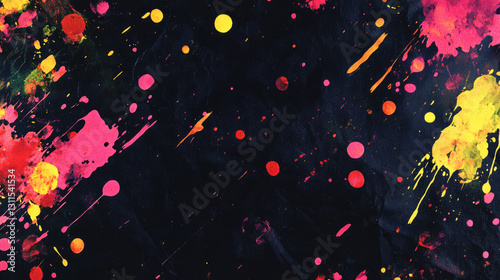 Vibrant abstract paint splatter with bold colors on dark background