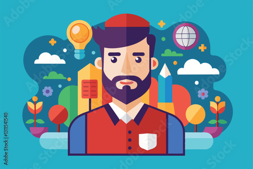 A man with a beard stands surrounded by colorful design elements, showcasing creativity and inspiration, Rebranding Customizable Semi Flat Illustration