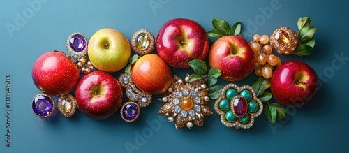 Vibrant red and green apples arranged with colorful vintage jewelry on a teal background, creating a sweet and visually appealing flat lay composition