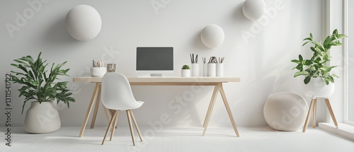 Stylish workspace featuring minimalistic furniture and floating geometric spheres, bright and airy ambiance-2