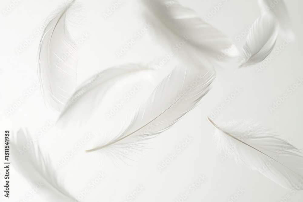 Obraz premium Soft white feathers float gently against a bright white background, creating a serene and dreamlike atmosphere in high key photography
